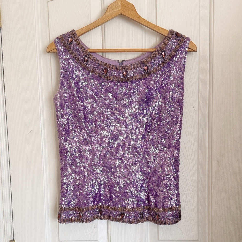 Vintage Cardell Wool Purple Sequin Rhinestone Sleeveless Evening Formal Top sz S - Picture 2 of 11